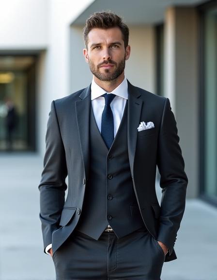 Gentleman in a charcoal bespoke Kraken Kuts suit