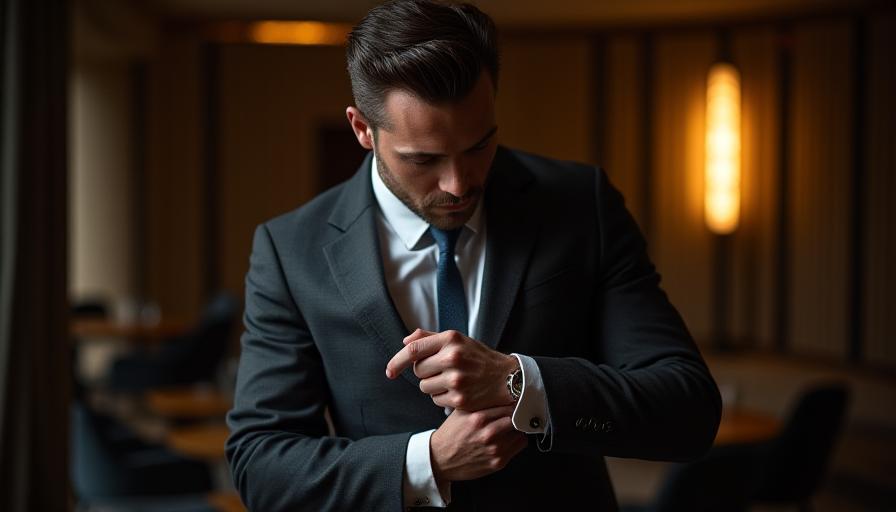 A dapper man adjusting the cuff of his charcoal tailored suit