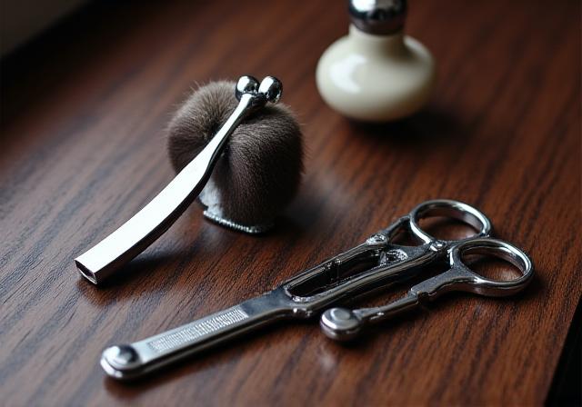 Vintage barber straight razor and brush on wood