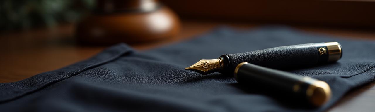 Close up of luxury suit fabric and a gold fountain pen