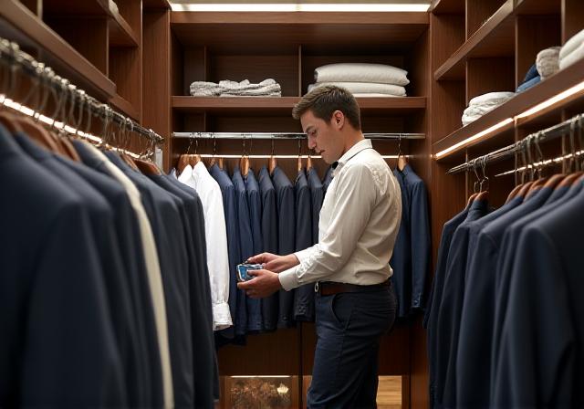 A professional stylist organizing a high-end walk-in closet with luxury menswear